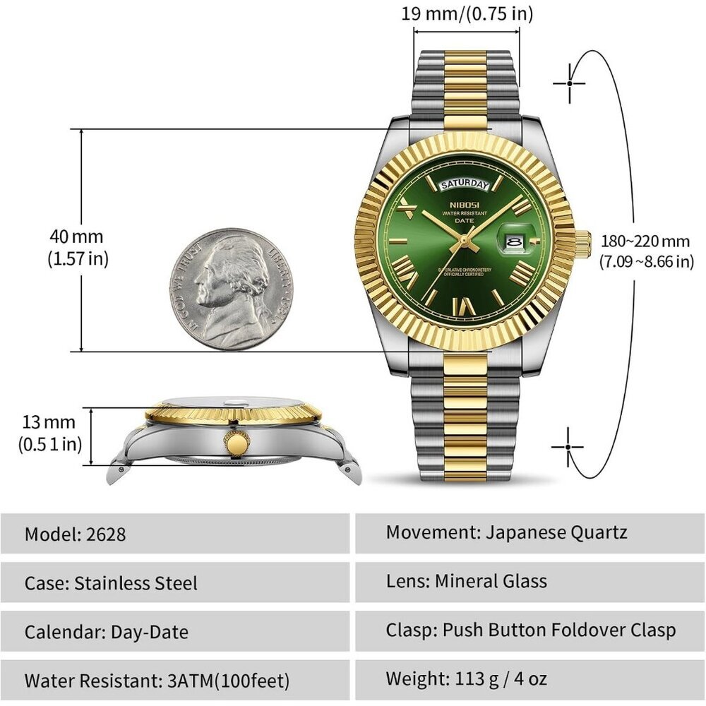 Men's Gold Silver Green   Stain Steel Analog Classic Design Stylish Wrist  Watch - Picture 3 of 6
